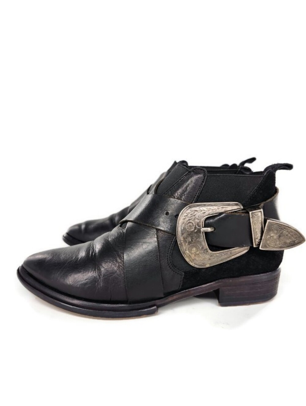 Free People Maverick Chelsea Black Leather Suede Silver Western Buckle Shooties - Picture 7 of 14
